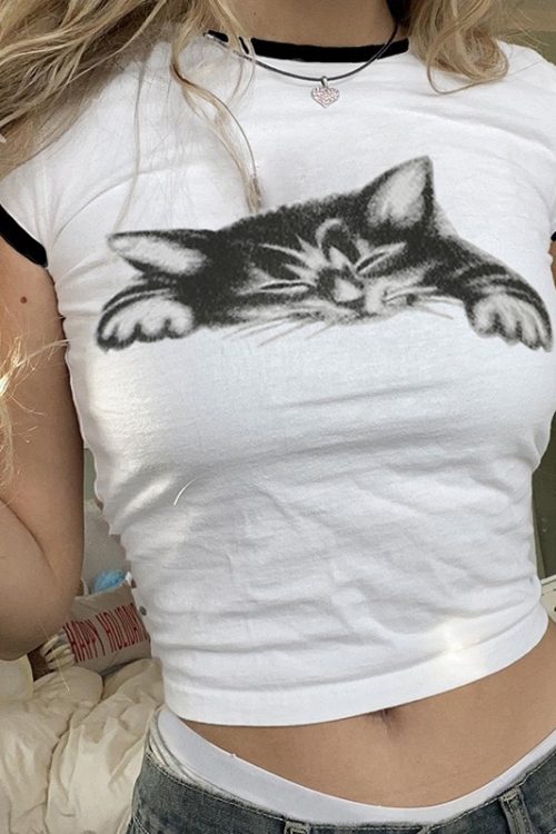 Retro Cute Girly Cat Graphic T-Shirt