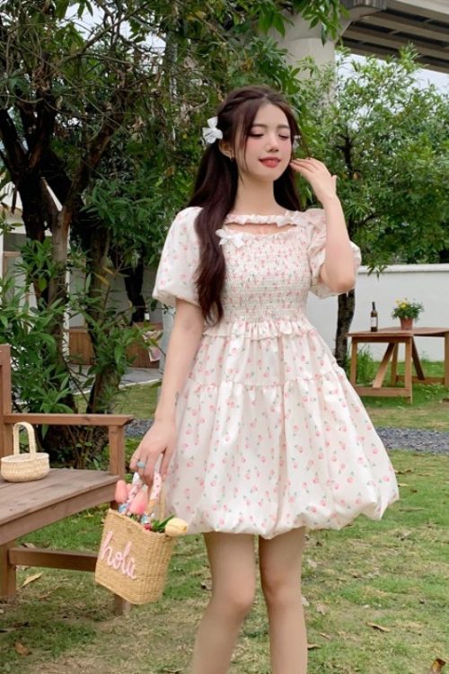 Sweet Puff Sleeve Floral Dress