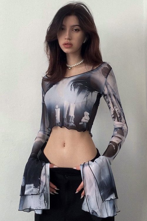 Printed Round Neck Pullover Flared Long Sleeve Slim Top