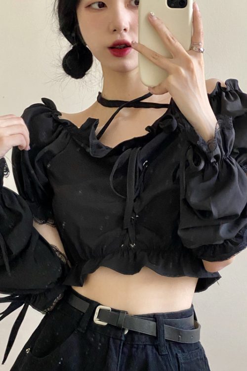 Summer Black Cropped Off Shoulder Shirt