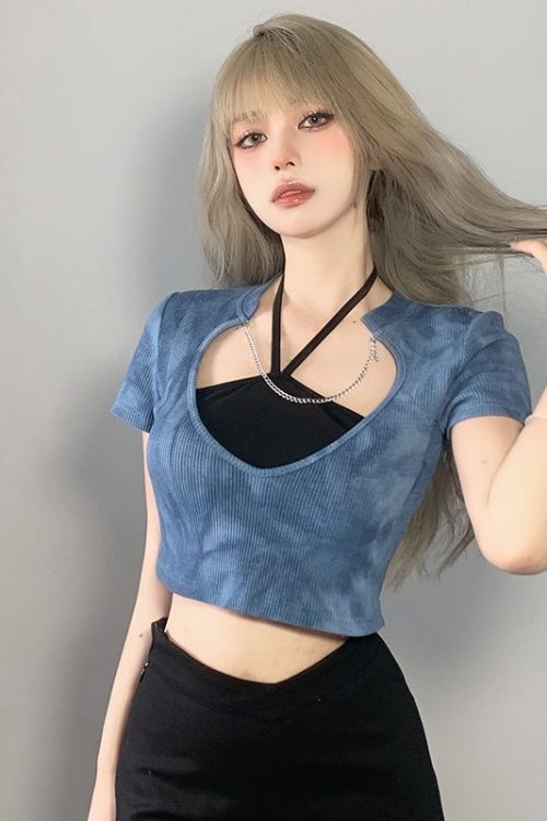 Niche Blue Tie-dye Chain Crop Top