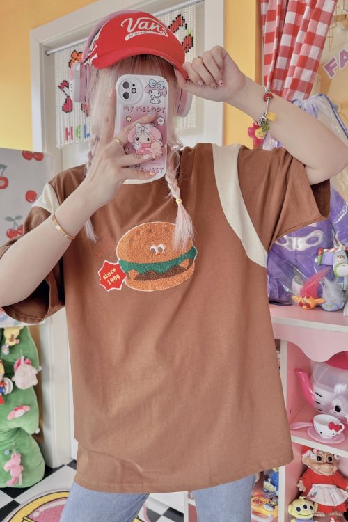 Cute Burger Retro Embroidery Colorblock T-shirt