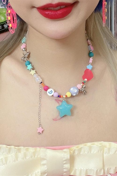 Y2K Colorful Beaded Bunny Star Necklace