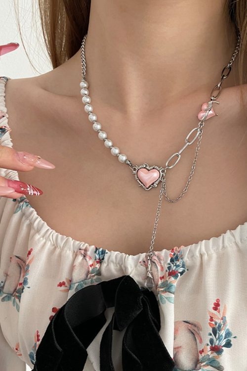 Pink Heart Mosaic Pearl Necklace