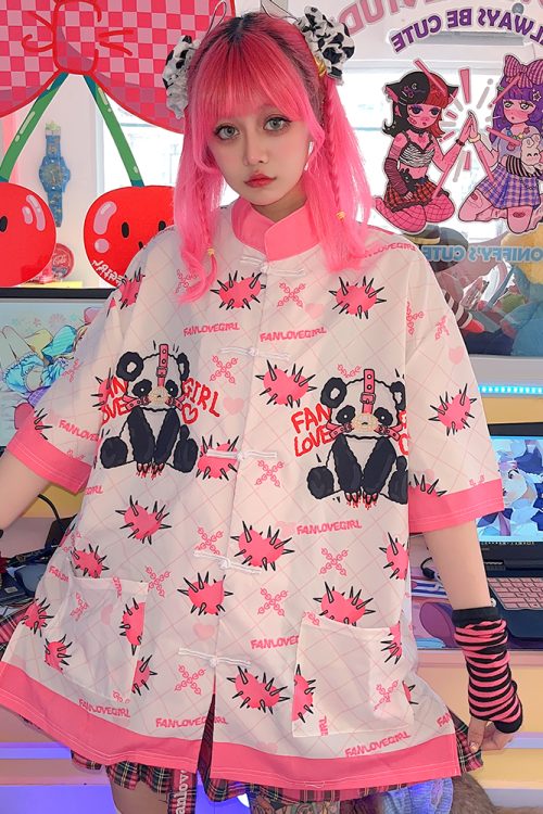 Y2K Panda Pattern Button Shirt